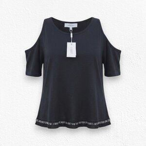 Derek Lam 10 Crosby Black Linen Cold Shoulder Chain Trim Top Size Small NWT